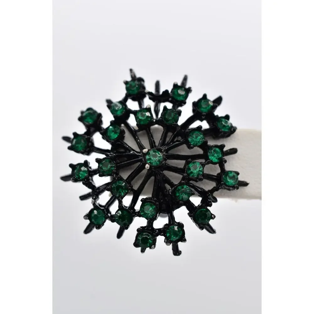 Vintage Crystal Clip On Earrings Starburst Green Rhinestone Black Metal BinBK